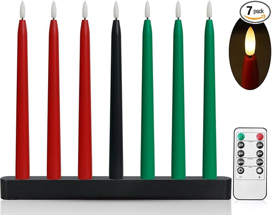 Kwanzaa Kinara Candle Holder Set with Flameless Battery Powered Electric Candles, Flameless Kwanzaa Candles - Set of 7 Tapers (Battery Operated) Mishumaa Saba, Realistic 3D Flames, Remote Control