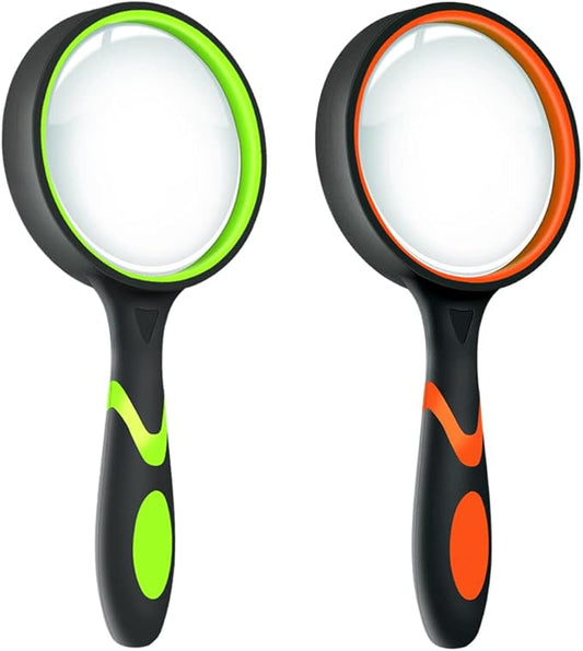 Leffis 2 Pack 10X Magnifying Glass for Seniors & Kids, Non-Slip Handheld Magnifier for Reading, 75mm Magnify Glasses Lens for Close Work, Science and Hobby Observation Green and Orange