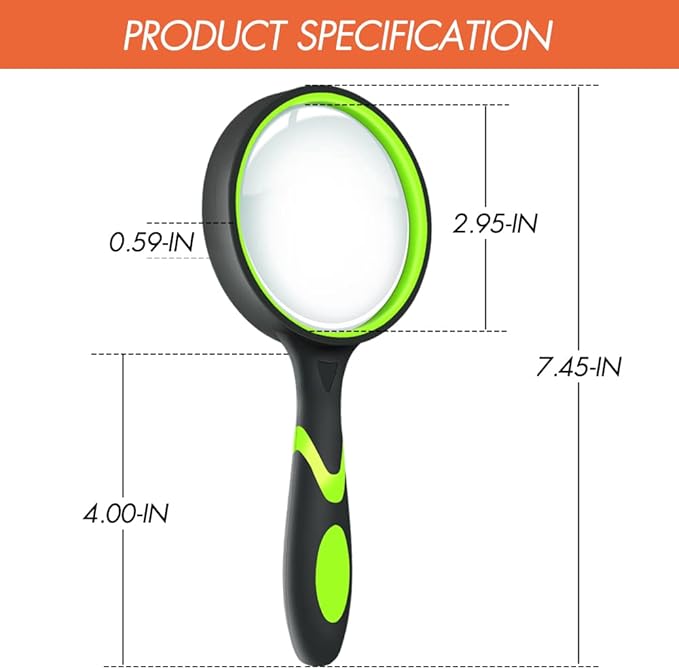Leffis 2 Pack 10X Magnifying Glass for Seniors & Kids, Non-Slip Handheld Magnifier for Reading, 75mm Magnify Glasses Lens for Close Work, Science and Hobby Observation Green and Orange