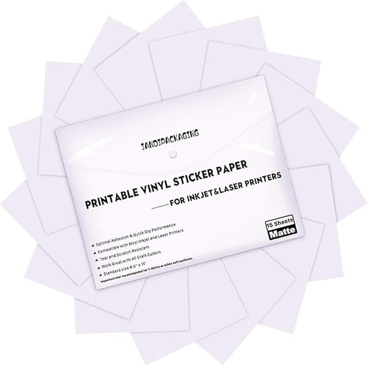 JANDJPACKAGING Printable Vinyl Sticker Paper - Waterproof Printable Vinyl for Laser & Inkjet Printer 15 Self-Adhesive Sheets - Matte White - Standard Letter Size 8.5"x11"