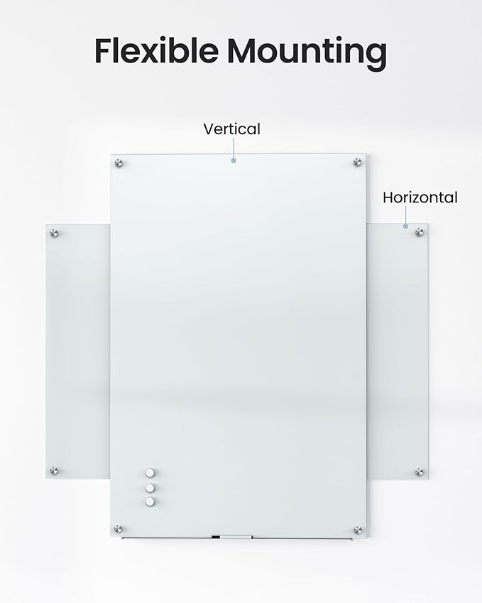 VUSIGN Glass Whiteboard 36" x 24" Magnetic Dry Erase for Office, School, Home, Frameless Mounting, Includes 4 Magnets, 2 Markers and 1 Erasers