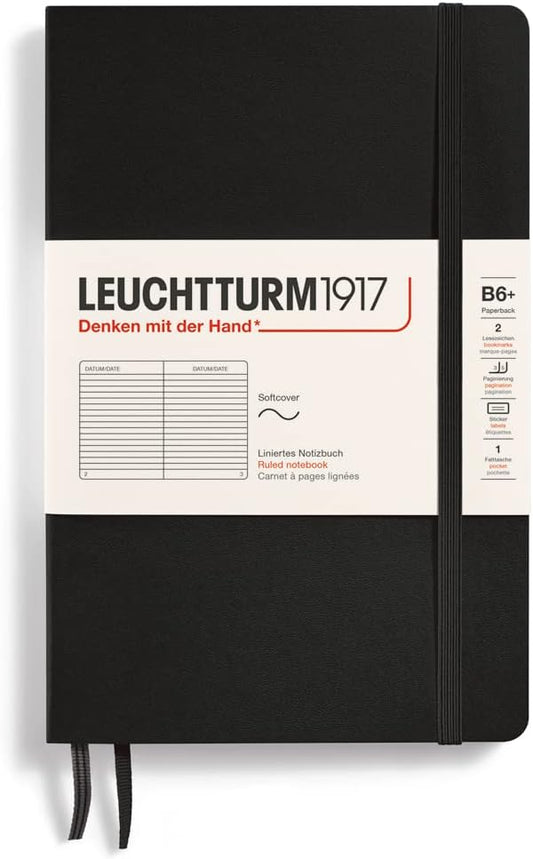 LEUCHTTURM1917 - Notebook Softcover Paperback B6+ - 123 Numbered Pages for Writing and Journaling (Ruled, Black)