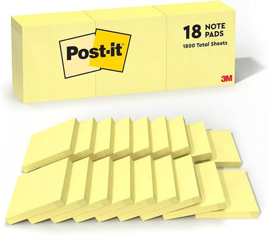 Post-it Notes, 3 in x 3 in, 18 Sticky Notes Pads, 100 Sheets per Pad, The Iconic Canary Yellow Note, School Supplies and Oﬃce Products