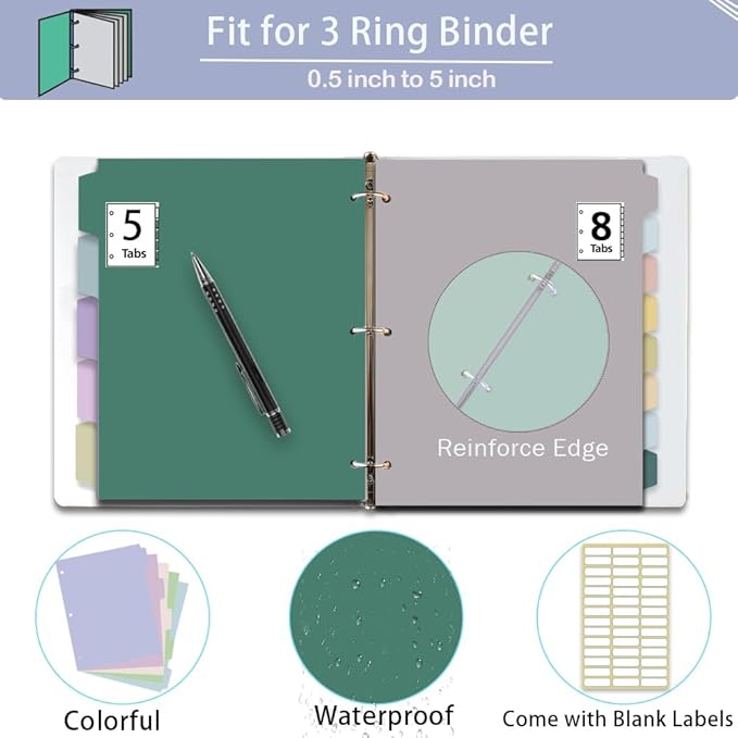 16Pcs/2 Sets Binder Dividers for 3 Ring Binder,8 Tab Binder Plastic Page dividers with Tab,tab dividers，Colored