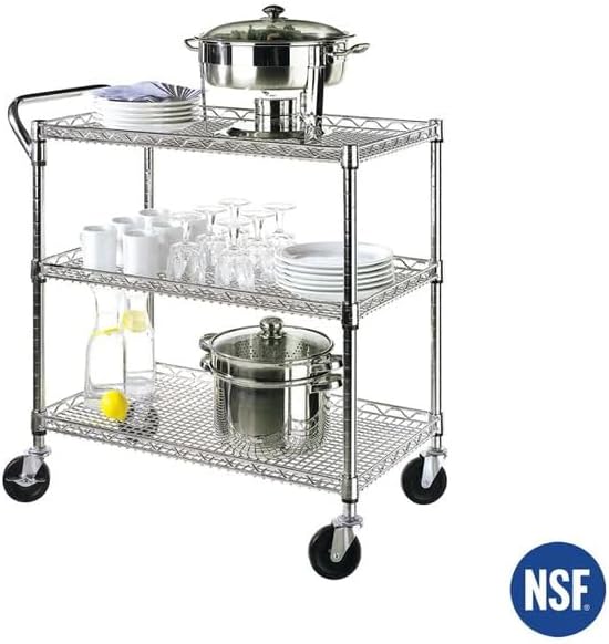 Seville Classics UltraDurable NSF Commercial Heavy Duty Metal Rolling Utility Cart, w/ Steel Shelves, Handle Bar for Restaurant, Garage, Warehouse, Kitchen, Office, Top Shelf (36"W x 18"D)