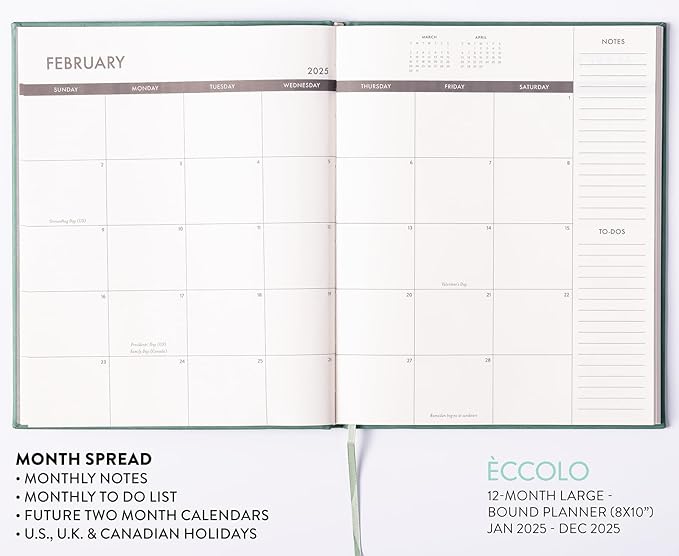 Eccolo 2025 Large Agenda Planner, 12 Month, Yearly, Monthly & Weekly Pages, Habit & Gratitude Tracker (Hardcover - 8 x 10")