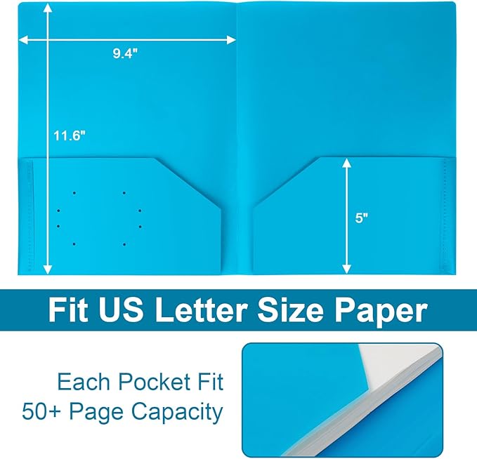 Plastic Folders with Pockets,2-Pocket Poly Folders Holds 8-1/2" x 11" Paper for School/Office/Home (Lake Blue, 6-Pack)