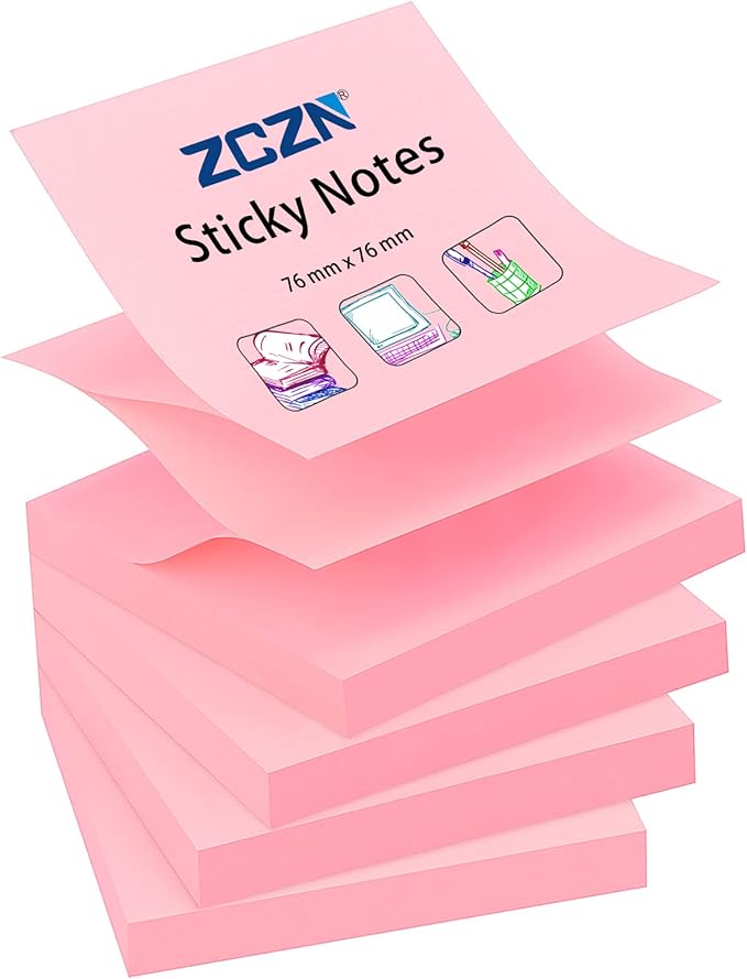 ZCZN 400 Sheets Pop-up Sticky Notes, 3 x 3 Inches, 4 Pads Bright Color Self-Stick Notes, 100 Sheets/Pad, Pink