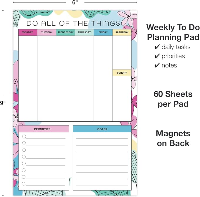Global Printed Products 6" x 9" Vertical to-Do List and Weekly Planning Pad, 60-Sheets, Sketched Floral