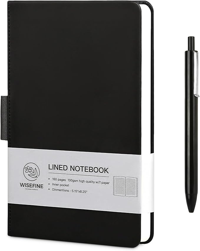 Hardcover Executive Notebooks, 160 Pages Line Ruled Classic Notebook Journal, Leather Notebooks with Pen for Bussiness College Writing Black