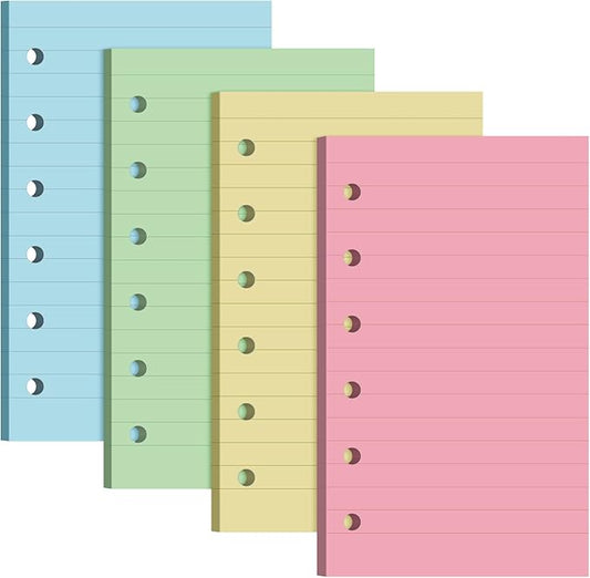 Ireer 200 Sheets Blank Lined Paper Refill for 3 x 5 Binders 6 Ring Memo Refill Paper Mini Ruled Filler Paper Books Planner Inserts Blank Lined Paper for Binder (Pink Blue Yellow Green)