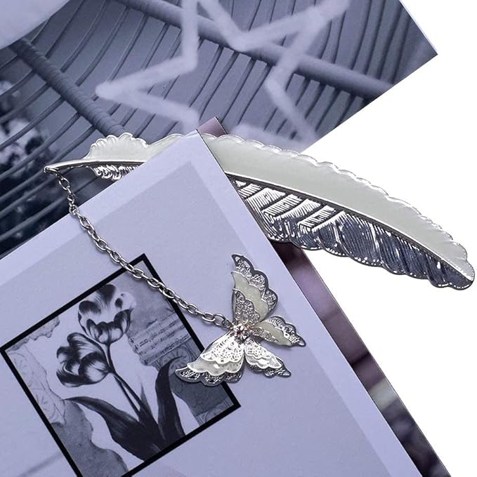 2 Pack Feather Metal Bookmark with Luminous 3D Butterfly Pendant & Dragon, Unique Glow in The Dark Bookmark Gift for Men Women (Dragon & Butterfly)