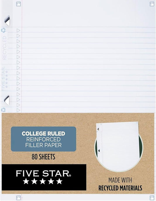 Five Star Loose Leaf Paper + Study App, Recycled Notebook Paper, College Ruled Paper, 8-1/2" x 11", 80 Sheets, Reinforced Filler Paper (170023)