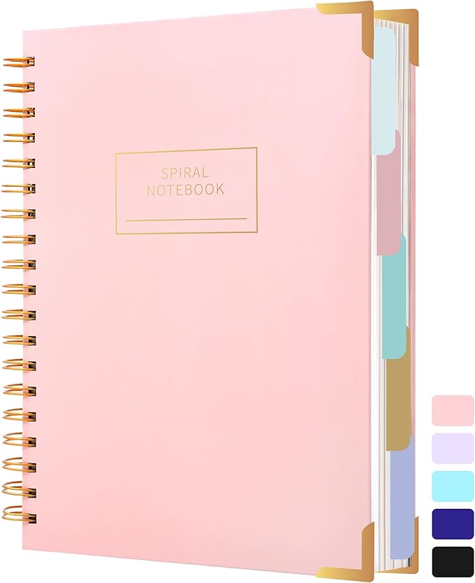 Yoment Hardcover Spiral Notebooks for Work School Note Taking, 8"x10" Journal Notebook with Tabs Dividers, Multi 5 Subject Notebook College Ruled, 240 Pages Lined Journal for Women, Pink