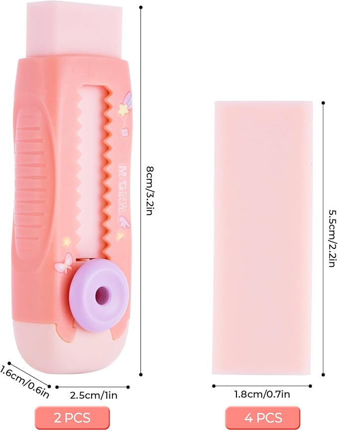 M&G 2+4 Pack Rubber Erasers Sliding Retractable Eraser, 2 Pack Cute Erasers Push Pull Large Pencil Eraser with Plastic Sleeve and 4 Refill Erasers for Students, School Office Supplies (Pink Unicorn)