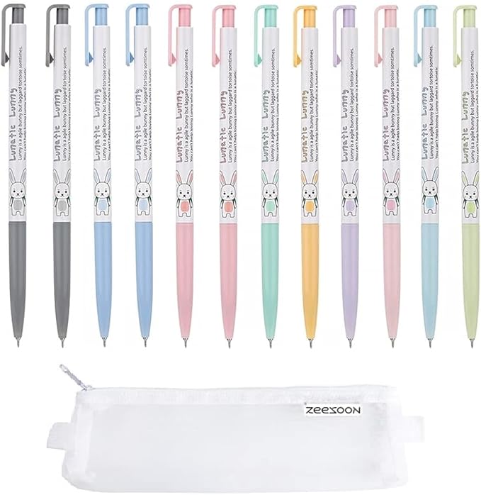 ZEESOON Xeno Lunatic Lunny 0.38mm Slim Ball Point Pen 12 Pens, Extra Fine Point Colored Ballpoint Pen, Made in Korea (Assorted 12pcs with Pencil Case)