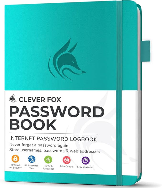 Clever Fox Password Book with Alphabetical tabs. Internet Address Organizer Logbook. Small Pocket Password Keeper for Website Logins (Turquoise)