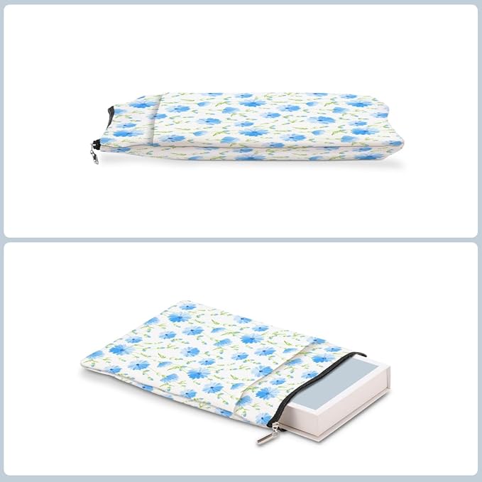 Blue Flowers Pattern Book Lovers Gifts Waterproof Book Sleeve Book Pouch Book Protector with Zipper and Front Pocket BookCover Case for Women Best Friend Sister Book Accessories Book Club Gifts