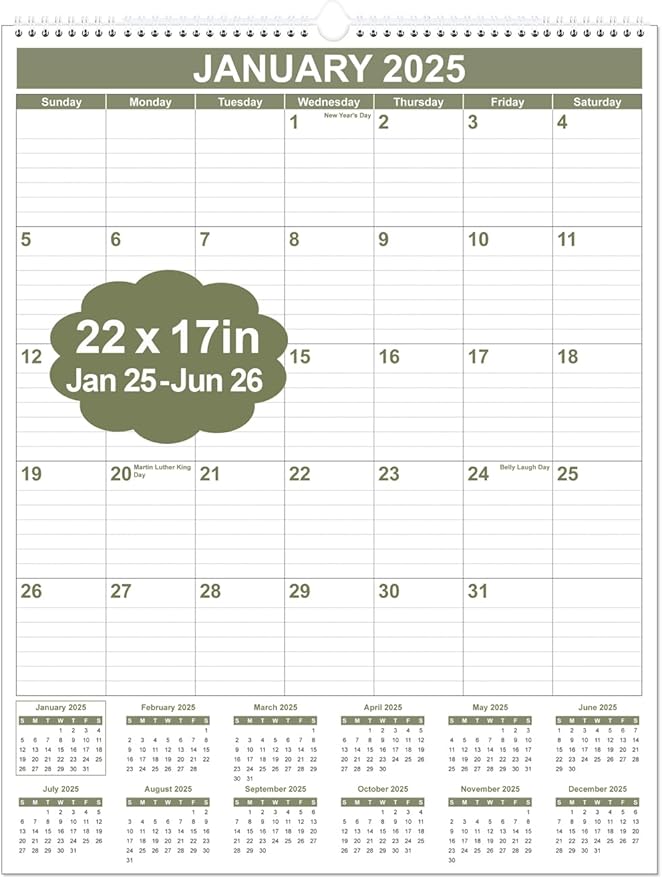 Large Calendar 2025-2026 with Spiral Bound - 18 Month Big Calendar from Jan 2025 to Jun 2026, Vertical Large Monthly Calendar 2025-2026 for Wall, Calendario 2025, 22" x 17", Cyan
