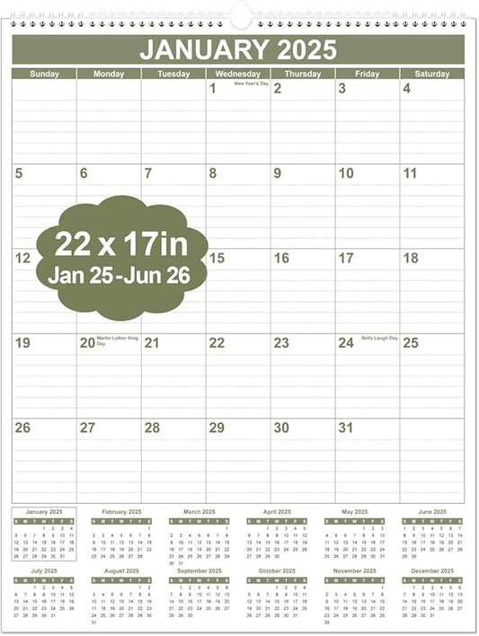 Large Calendar 2025-2026 with Spiral Bound - 18 Month Big Calendar from Jan 2025 to Jun 2026, Vertical Large Monthly Calendar 2025-2026 for Wall, Calendario 2025, 22" x 17", Cyan