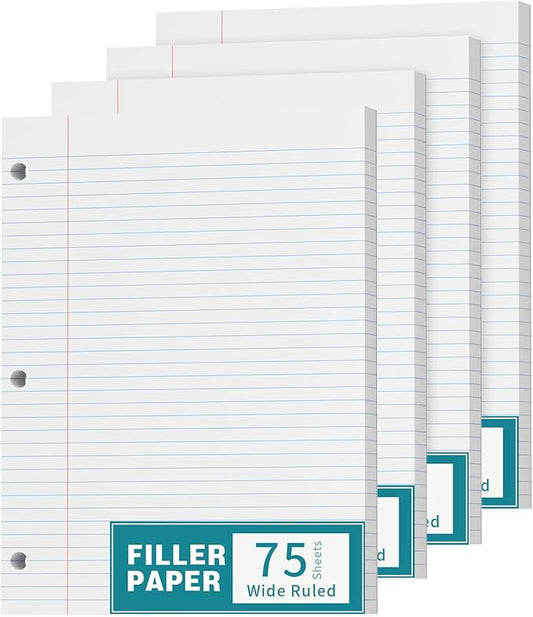 Loose Leaf Notebook Paper Wide Ruled Writing Paper, 300 Sheets Lined Paper 8.5'' x 11'', 4 Pack Writing Paper 3-Hole Punched Binder Paper, Notebook Paper for 3 Ring Binder, 75 Sheets/Pad Filler Paper