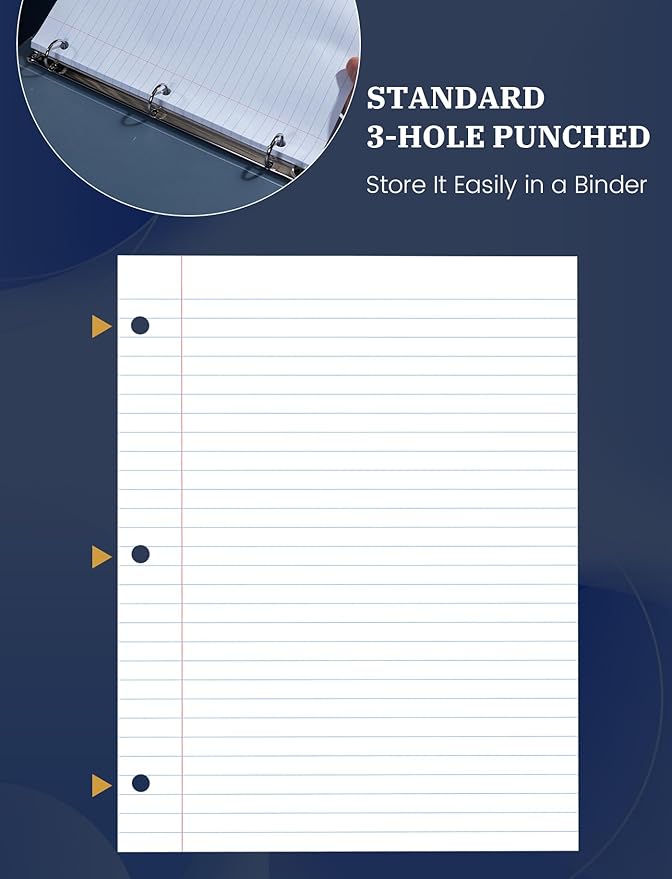 Loose Leaf Paper Lined Paper, 100 Sheets Notebook Paper, Binder Paper Wide Ruled, 8.5'' x 11'' Loose Leaf Notebook Paper, 3-Hole Punched Writing Paper, Filler Paper for 3-Ring Binder Note Paper, White