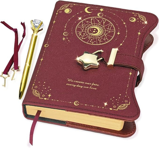 Diary with Lock and Keys for Girls Gift Ideas, 360 Kraft Pages Journal for Women, B6 Refillable Notebook for Writing with Pen and Bookmark (Astro Red)