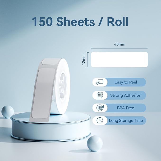 NIIMBOT Thermal Transfer Labels 0.47''x1.57'', Only for B18 Label Maker, PET Material, Waterproof and High-Temperature Resistance, Long Storage Time, White(12x40mm-150)