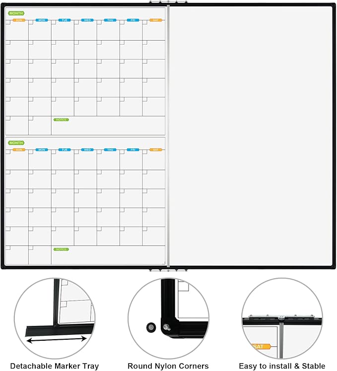 JILoffice Magnetic Foldable Dry Erase Calendar Whiteboard Combo, 2 Month Calendar Board & White Board 60 X 48 Inch, Black Aluminum Frame Wall Mounted Board for Office Home and School