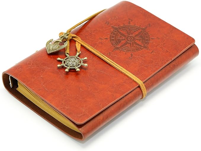 EvZ Leather Writing Journal Notebook, 7 Inches Vintage Nautical Spiral Blank String Diary Notepad Sketchbook Travel to Write in, Unlined Paper, Retro Pendants, Classic Embossed, Red Brown