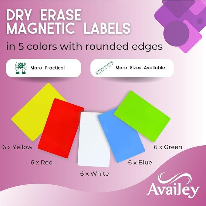 Availey 30 Pieces (3 x 5) - Full Colored Magnetic Dry Erase Labels - Reusable Strips for Classroom Home Office Garage Refrigerator Blank Writable Erasable Cards Name Tags Students Locker Shelf