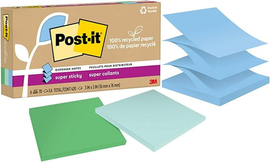 Post-it Super Sticky 100% Recycled Pop-up Notes, 3 in. x 3 in., 70 Sheets, 6 Pads, Oasis Collection, School Supplies and Office Products