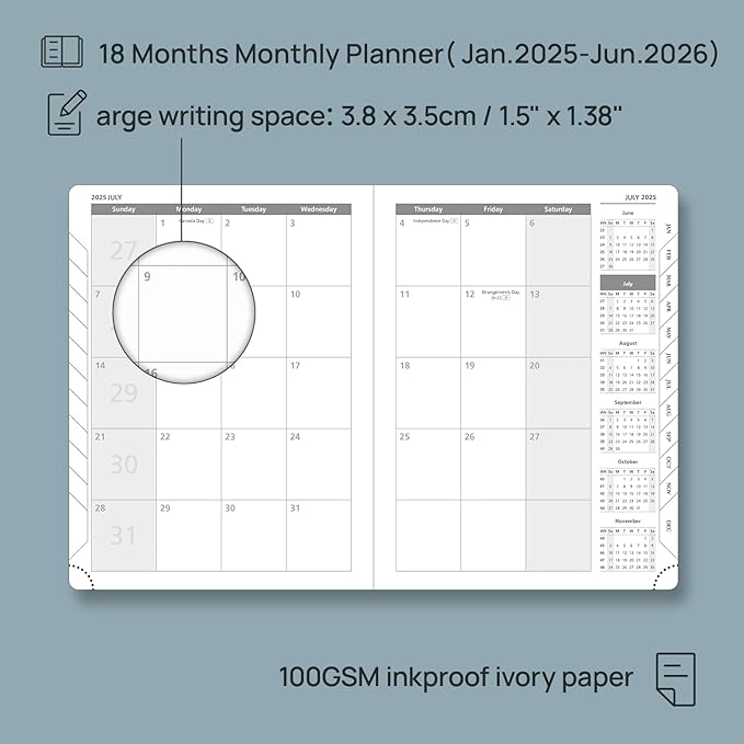 POPRUN Monthly Planner 2025-2026 (Medium- 6.5'' x 8.5'' Soft Cover), 18-Month Calendar Book (January 2025-June 2026), Calendar Planner with Monthly Tabs & Pocket, 100 GSM Paper - Brown