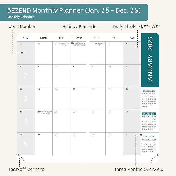 BEZEND 2 Year Pocket Calendar 2025-2026 - Small Monthly Planner for Purse 6.5" x 3.5", Runs Jan 2025 to Dec 2026, 100 GSM Paper, Pen Loop & Notes, PU Leather Hardcover in Turquoise