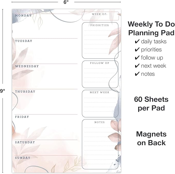 Global Printed Products 6" x 9" Vertical to-Do List and Weekly Planning Pad, 60-Sheets, Soft Pink Floral