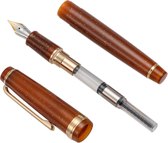 Jinhao 82 Acrylic Fountain Pen, Iridium Medium Nib with Ink Converter, Transparent Coffee Fluorescent Classic Design Smooth Writing Pen (Gold Trim)