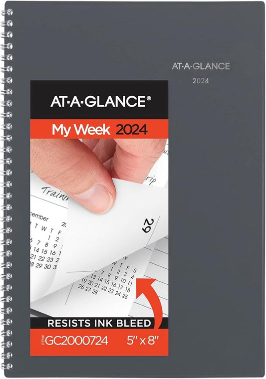AT-A-GLANCE 2024 Weekly & Monthly Planner, DayMinder, 5" x 8", Small, Spiral Bound, Monthly Tabs, Gray (GC2000724)