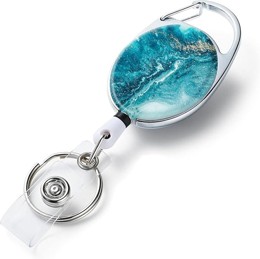 Badge Reels Retractable，Double Sided Color Print Pattern Retractable Badge Holders，with Retractable Keychain, Badge Clip and Key Ring，Durable Nylon Retractable Rope，Blue Ocean
