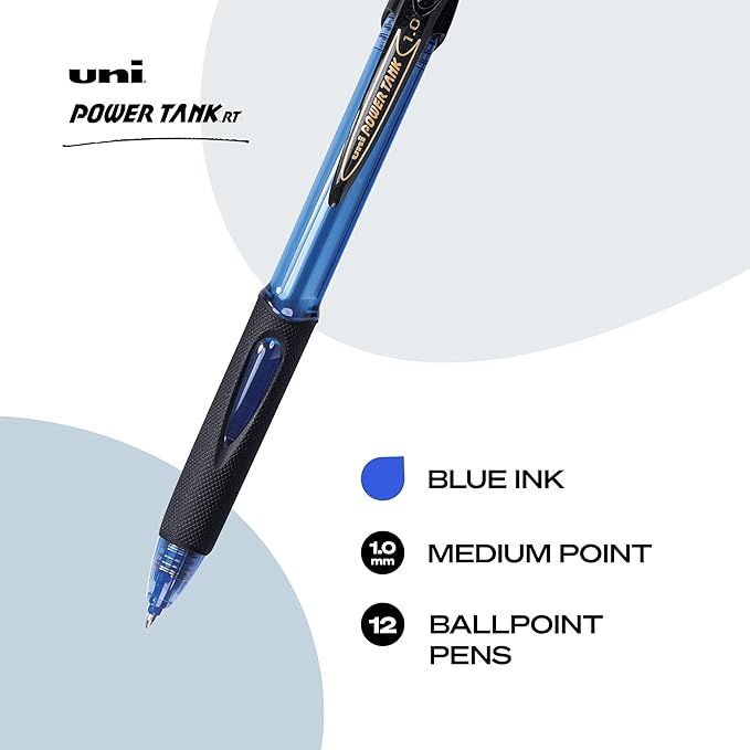 uniball Power Tank Rt Ballpoint Pen, Retractable, Bold 1 Mm, Blue Ink, Translucent Blue Barrel, Dozen