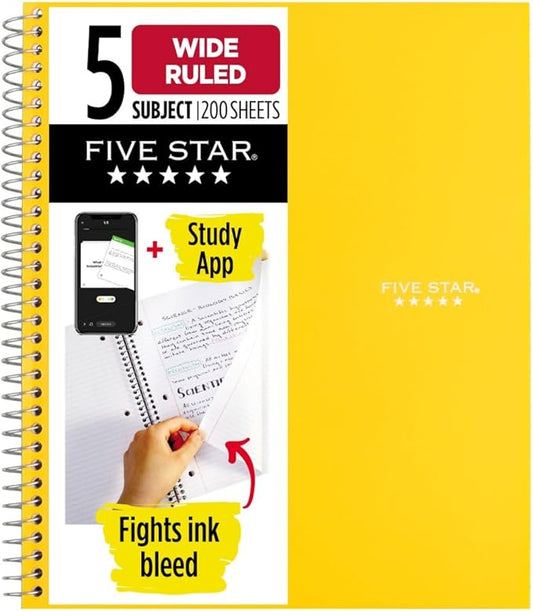 Five Star Spiral Notebook + Study App, 5 Subject, Wide Ruled Paper, Fights Ink Bleed, Water Resistant Cover, 8" x 10-1/2", 200 Sheets, Harvest Yellow (73469)