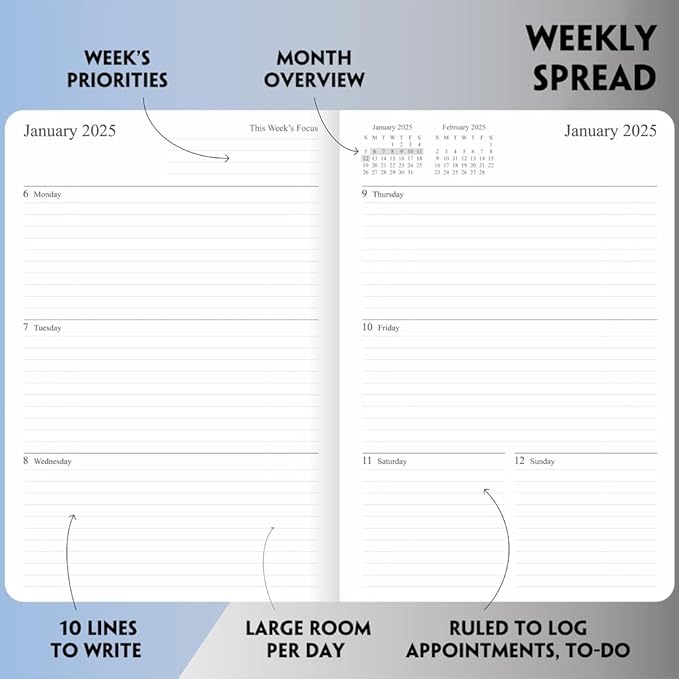 2025 Planner - Weekly and Monthly Planner Jan to Dec 2025, Holidays, Contacts and Notes Pages, Vegan Leather Cover, Elastic Closure, 5.5”x8.25”, Purple