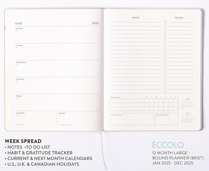 Eccolo 2025 Large Agenda Planner, 12 Month, Yearly, Monthly & Weekly Pages, Habit & Gratitude Tracker (Linen Flexi-cover - 8 x 10")