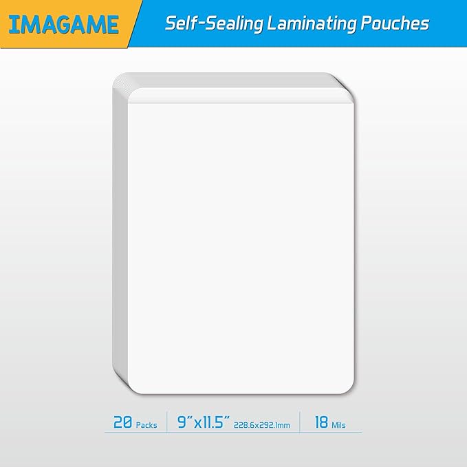 Self-Sealing Laminating Pouches, 9"x11.5'', 18mil, 20 Pack, Easy-to-Use, No Machine Needed, Preserve Photos, Documents, Certificates, Durable, Waterproof, Ideal for Home, Office & School Use