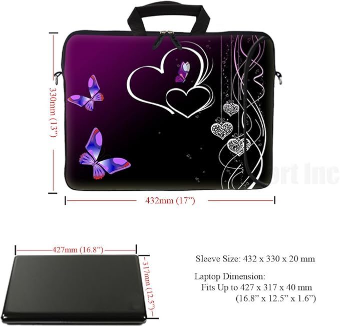 Meffort Inc 17 Inch Neoprene Laptop Bag with Extra Side Pocket, Soft Carrying Handle & Removable Shoulder Strap Fit 16" to 17.3" Size - Purple Butterfly Heart