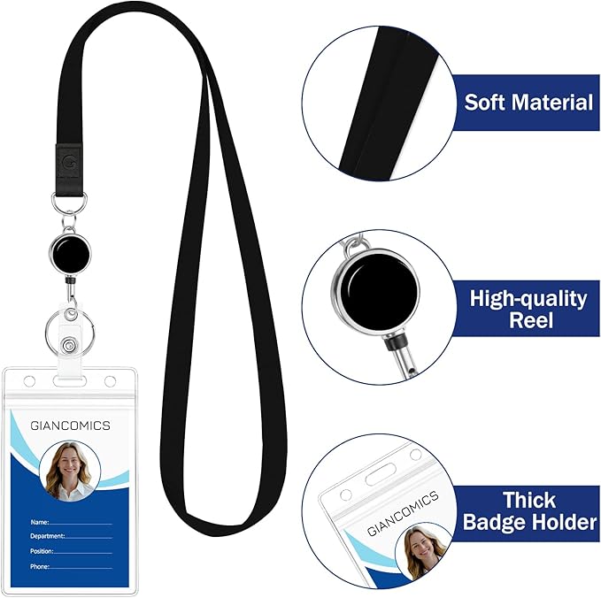 Giancomics Black Lanyards for Id Badges, Lanyards with Retractable Reel, Waterproof ID Badge Holder for Cruise Ships Cards Key, Office Work Name Tag Zip Type Card Protector 2 Pack