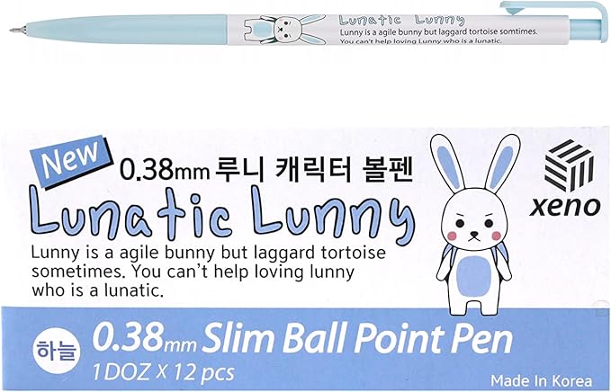 ZEESOON Xeno Lunatic Lunny 0.38mm Slim Ball Point Pen Dozen Box 12 Pcs, Made in Korea (Sky Blue 12pcs)