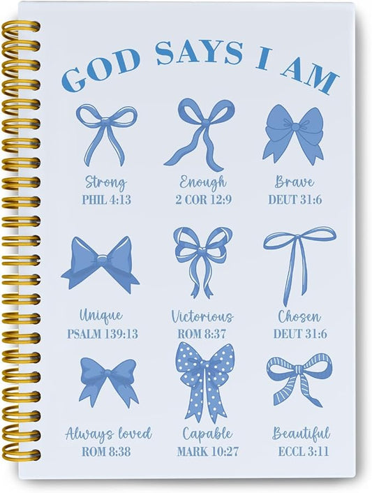 Coquette Blue Bows Bible Notebook,Aesthetic Composition Notebook, God Says I Am Christian Scripture Prayer Journal for Women, Positive Hardcover Spiral Notebooks College Ruled 5.5 x 8.3 (Blue)