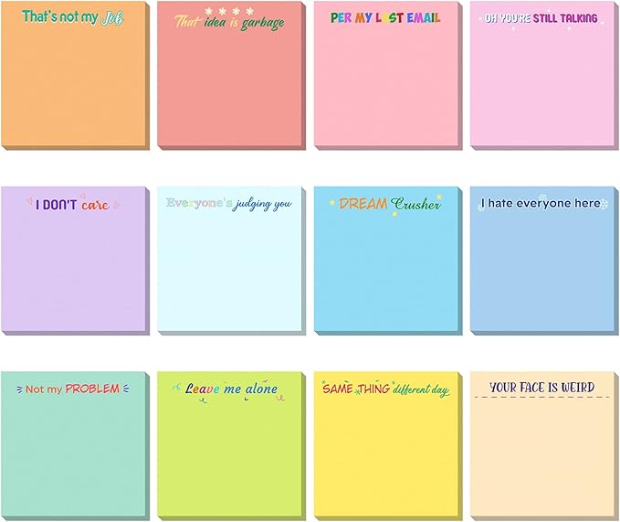 12 Pieces Snarky Office Sticky Notes Funny Note Pads Work Sucks Complaining Quotes Vibrant Negative Passive Office Notepads Adhesive Memo Pad for Colleague Supplies, 3 x 3 Inch(Cute Style)