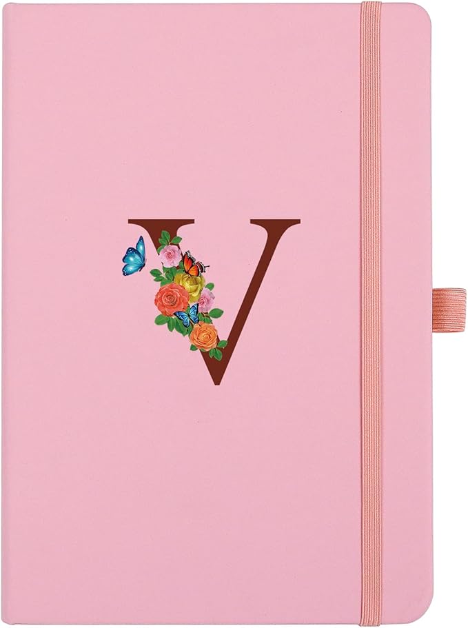 Pink Notebook for Women, 5.7"X8.3" A5 Journal Notebook with Letter V, Dual-Sided Writing Notebook with Dividers, Cute Leather Journal for Work, Business, School, Meetings, Travelers, Small Notebook
