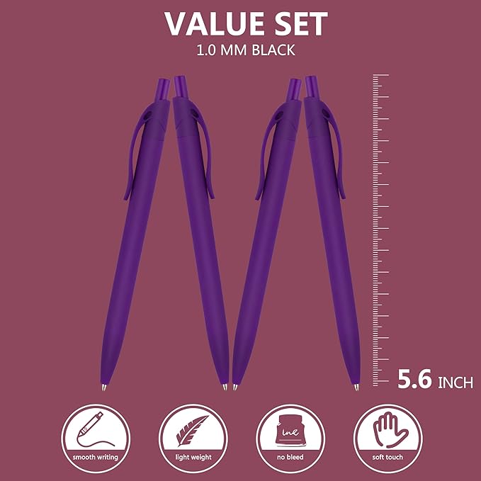 Deegtran 200 Pack No Bleed Purple Barrel Click Pens, Wholesale Retractable Ballpoint Pens, Medium Point, Smooth Ink, 1.0MM Black Ink
